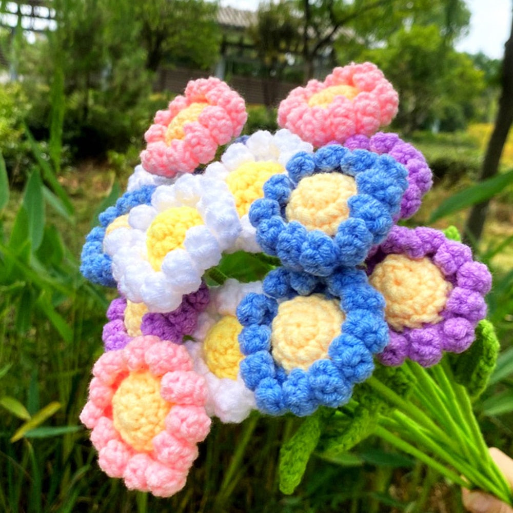 Hand-Knitted Daisy Bouquet Handmade Crochet Fake Flowers Knit Chamomile Flower Finished Decoration Home Decorative