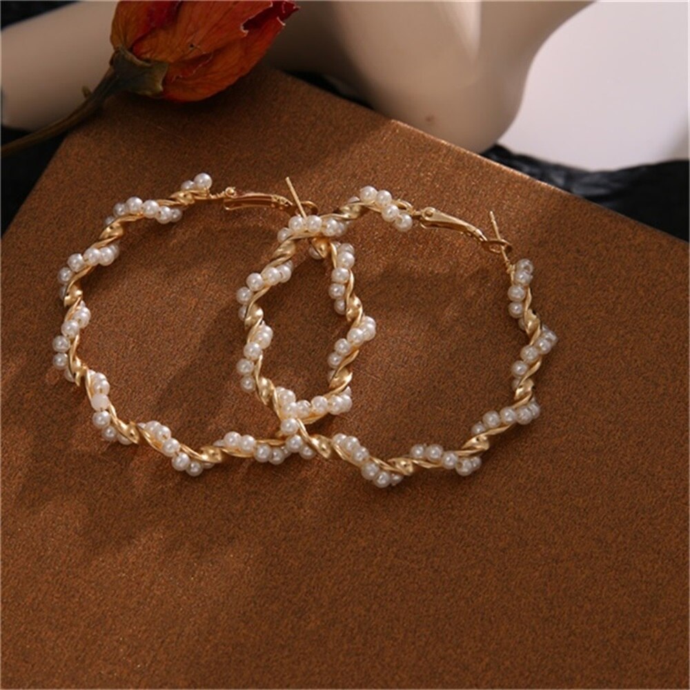 White Boho Imitation Pearl Round Circle Hoop Earrings Gold Color Big Earrings