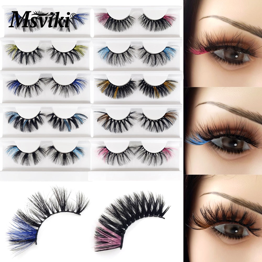1 Pair 25MM Colored Mink Lashes 5D Fluffy Party Mink Eyelashes Box Package Supplies 3D Pink White Cosplay Fake Eyelashes