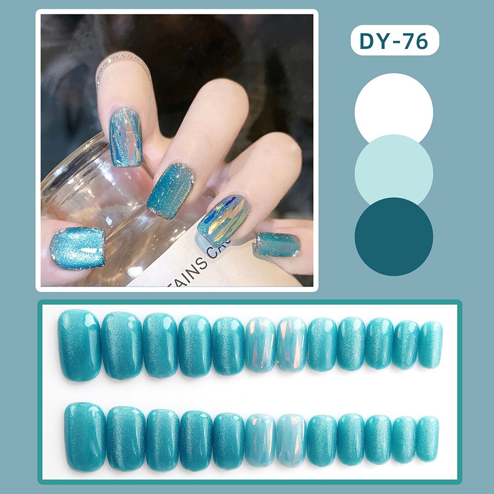 24pcs Cat Eye False Nail Deep Blue Color Fake Nail Tips Full Cover Nail Art Long Coffin Ballet Press on Nail Manicure Nail Tips
