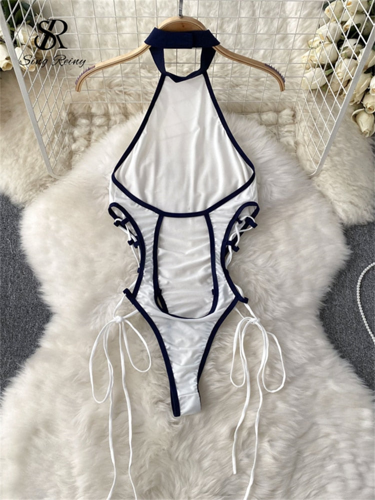 Women Sexy Halter Playsuits Drawstring Lace Up Design Transparent Bodysuits Slim Hollow Out Summer Rompers