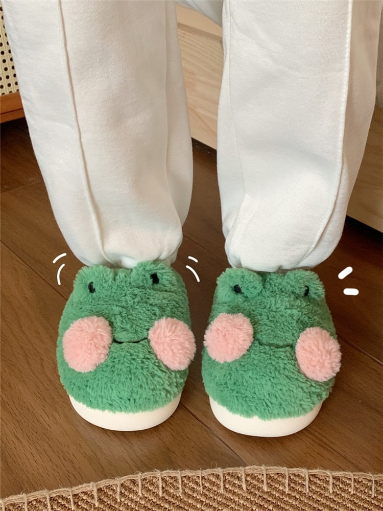 Funny Couple Lovely Frog Cotton Slippers Winter NonSlip Warm Plush Home Slipper Household Shoes