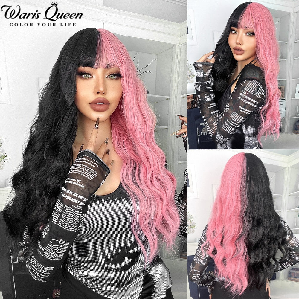 Long Wavy Ombre Black White Synthetic Wigs for Women Heat Resistant Natural Middle Part Cosplay Party Lolita Daily Hair Wigs