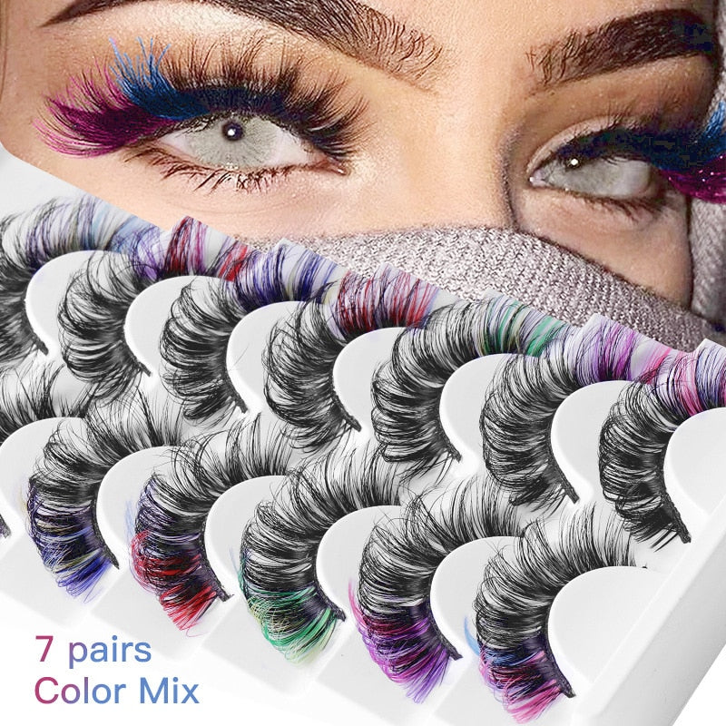 Colored Eyelashes Mix 7 Pairs Rainbow Mixed Color Lashes Cosplay Fluffy Mink Fake Eyelashes Extension Faux Cils