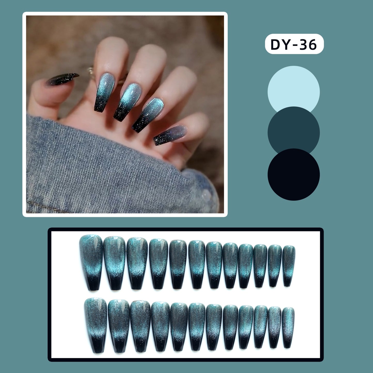 24pcs Cat Eye False Nail Deep Blue Color Fake Nail Tips Full Cover Nail Art Long Coffin Ballet Press on Nail Manicure Nail Tips