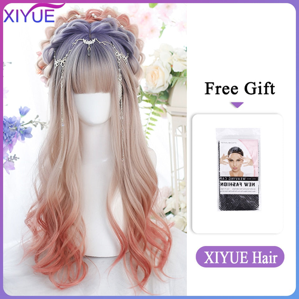 Blue Pink Lolita Wigs Ombre Long Water Wave Cosplay Wigs Synthetic Hair Wigs Heat Resistant For Women