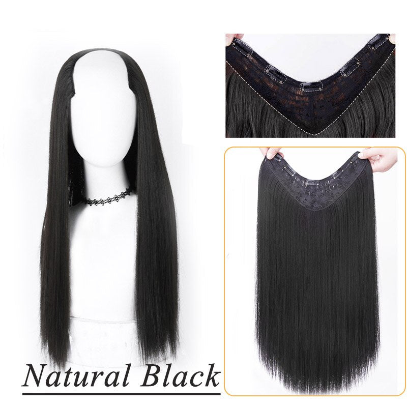 Synthetic Hair Fake Hair Extensions Clip Hairpiece V-Shaped Half Wig Natural Wavy Extension False Strands On Hairpins Women