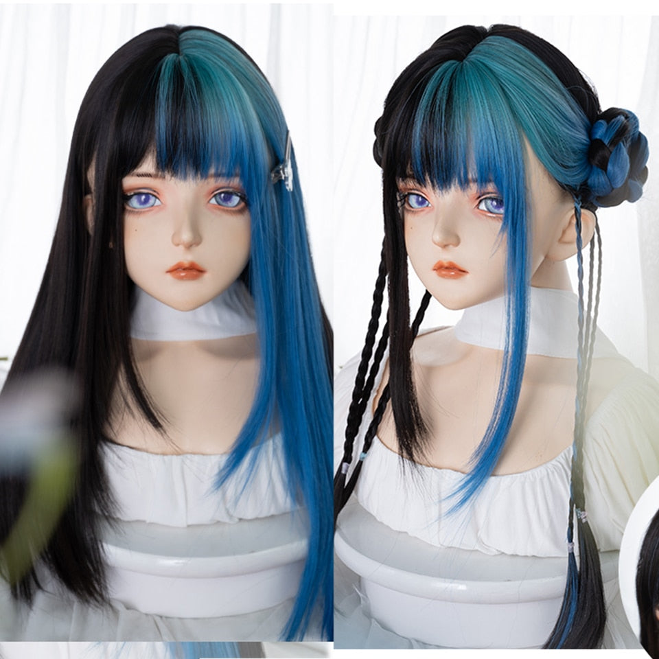 lolita wigs Long straight wigs lady gray blue high temperature resistant synthetic wig cosplay party natural wig