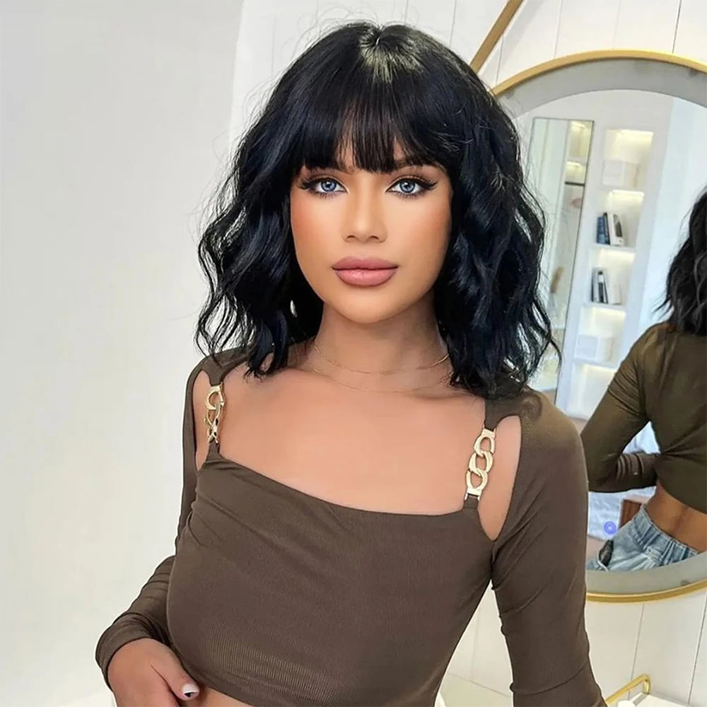 Black Wavy Wigs with Bangs Short Black Bob Wigs for Women Synthetic Natural Looking Heat Resistant Fiber Hair