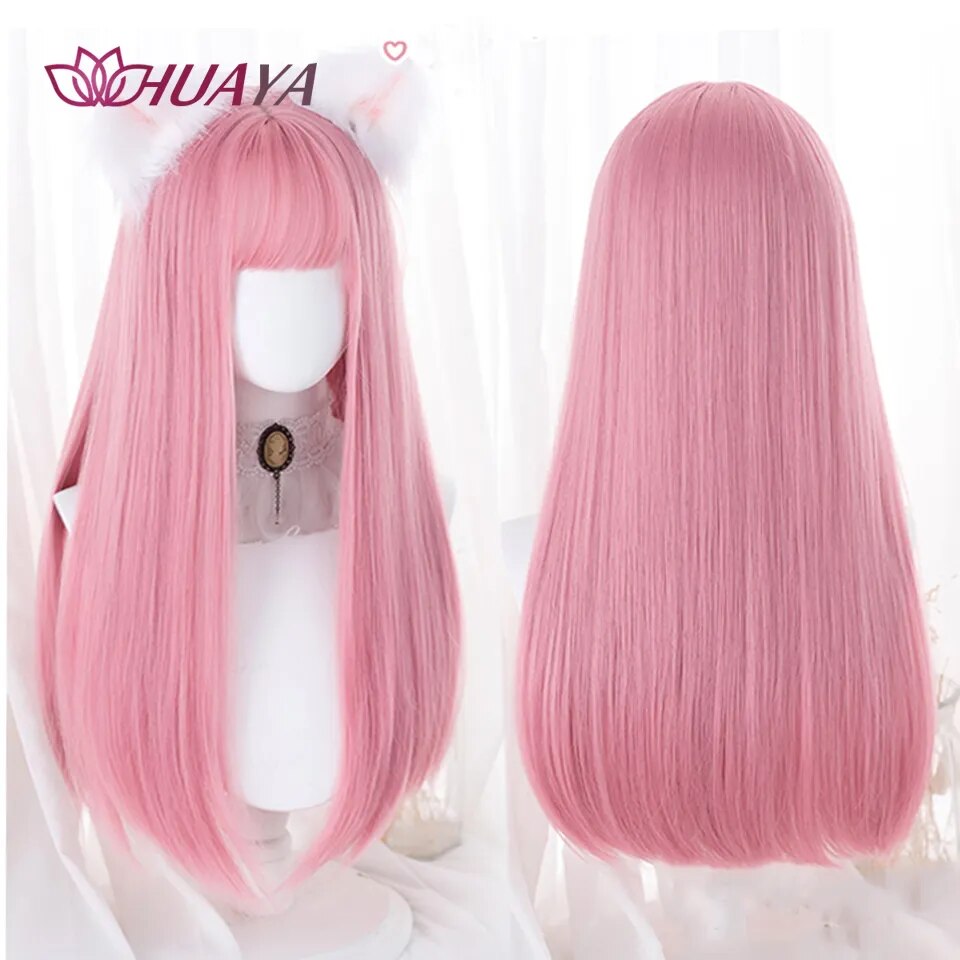 Long Straight Wig with Bangs Purple-White Heat Resistant Synthetic Hair Wigs for African American Girl Lolita Cosplay Wig