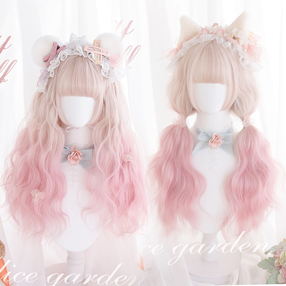 Synthetic long wavy curly hair female cold brown black cosplay Lolita pink purple blue wig heat-resistant bangs