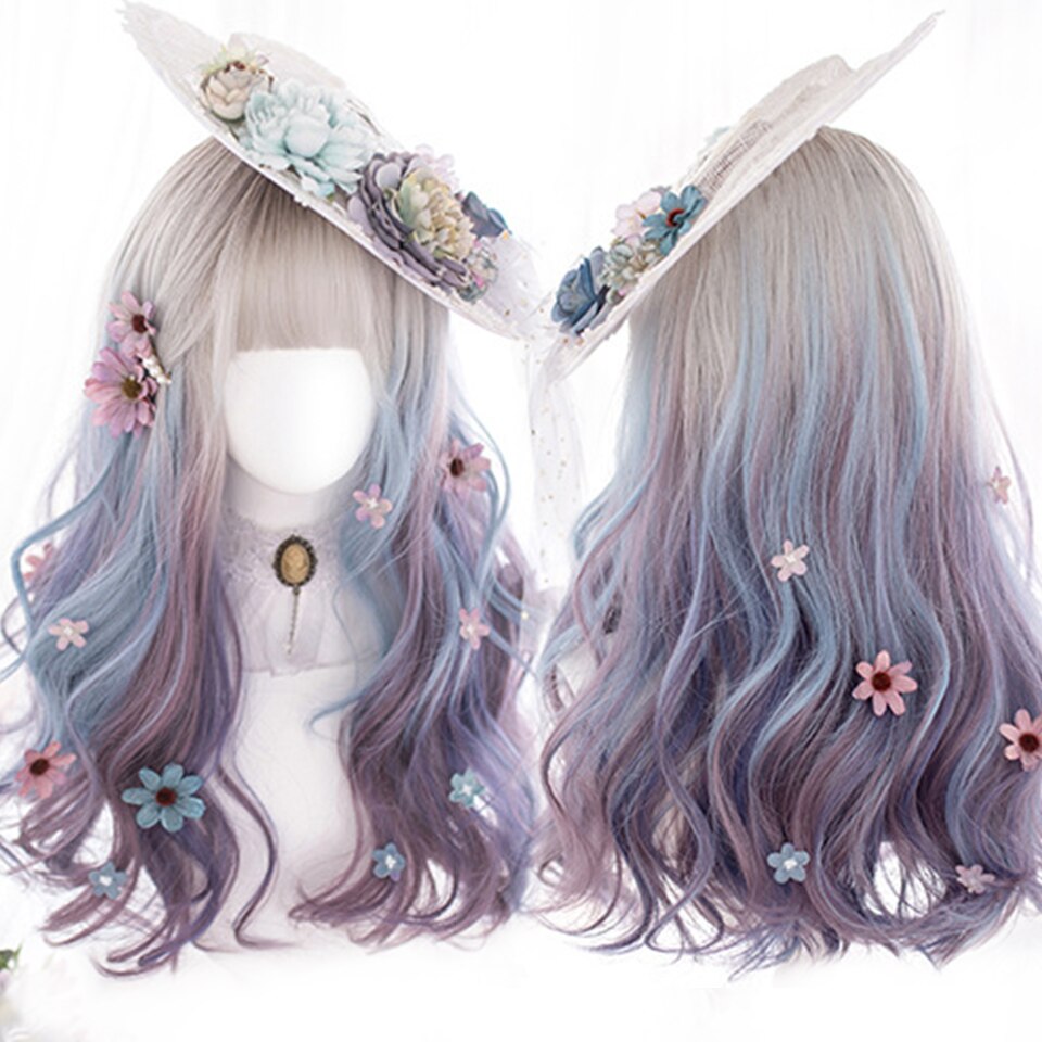 lolita wigs Long straight wigs lady gray blue high temperature resistant synthetic wig cosplay party natural wig
