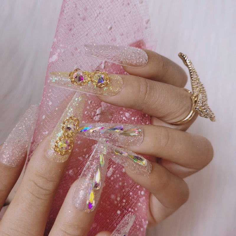 24pcs luxury jewelry long ballet coffin fake nails crystal diamond Transparent