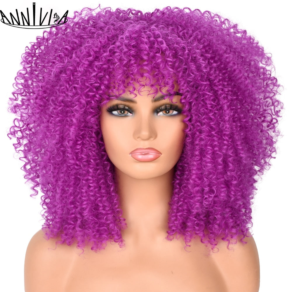 Curly Afro Wigs For Black Women Short Kinky Curly Wigs With Bangs 16inch Brown Afro Hair Synthetic Fibre Glueless Cosplay Hair