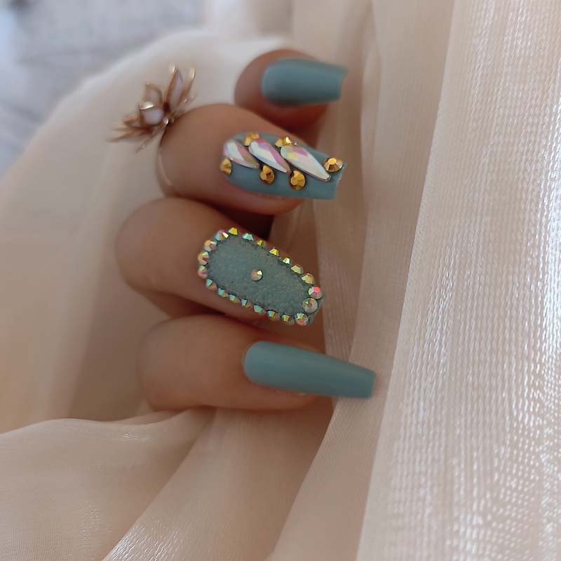 24pcs candy long ballet handmade crystal diamond fake nails sexy light blue