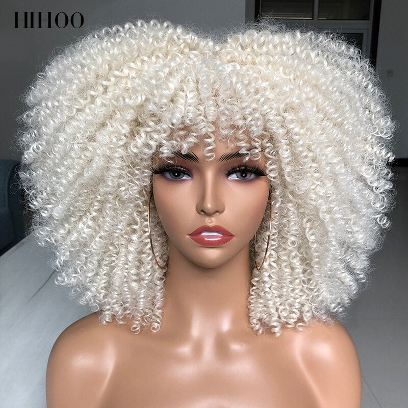 Short Hair Afro Kinky Curly Wigs With Bangs For Black Women Cosplay Lolita Synthetic Natural Blonde Wig Red Blue Orange Wig