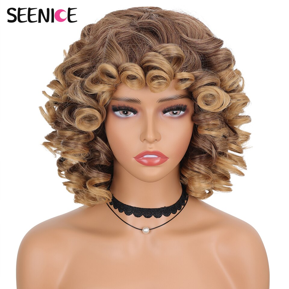 Short Hair Afro Kinky Curly Wigs With Bangs For Black Women Fluffy Synthetic African Ombre Glueless Cosplay Natural Brown Wigs