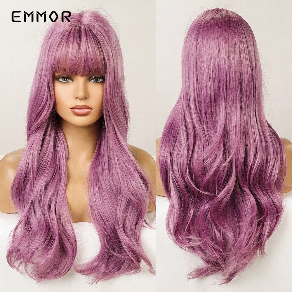 Synthetic Purple Wigs for Women Cosplay Party Lolita Wigs Bangs High Temperature Fiber  Natural  Long Body Wave Hair Wigs