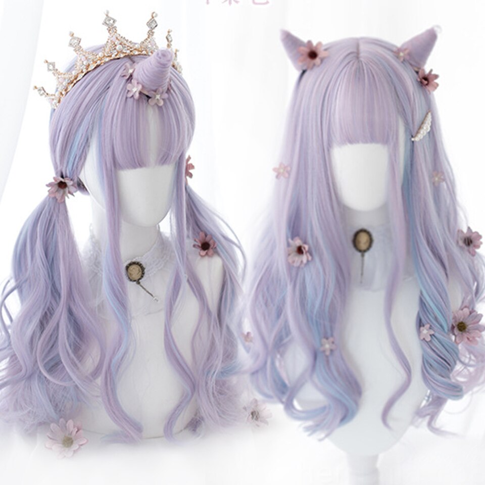 lolita wigs Long straight wigs lady gray blue high temperature resistant synthetic wig cosplay party natural wig