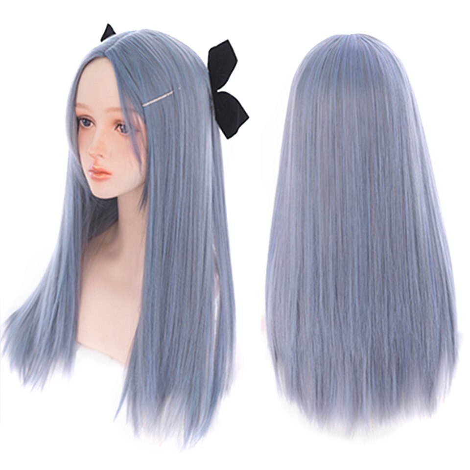 lolita wigs Long straight wigs lady gray blue high temperature resistant synthetic wig cosplay party natural wig