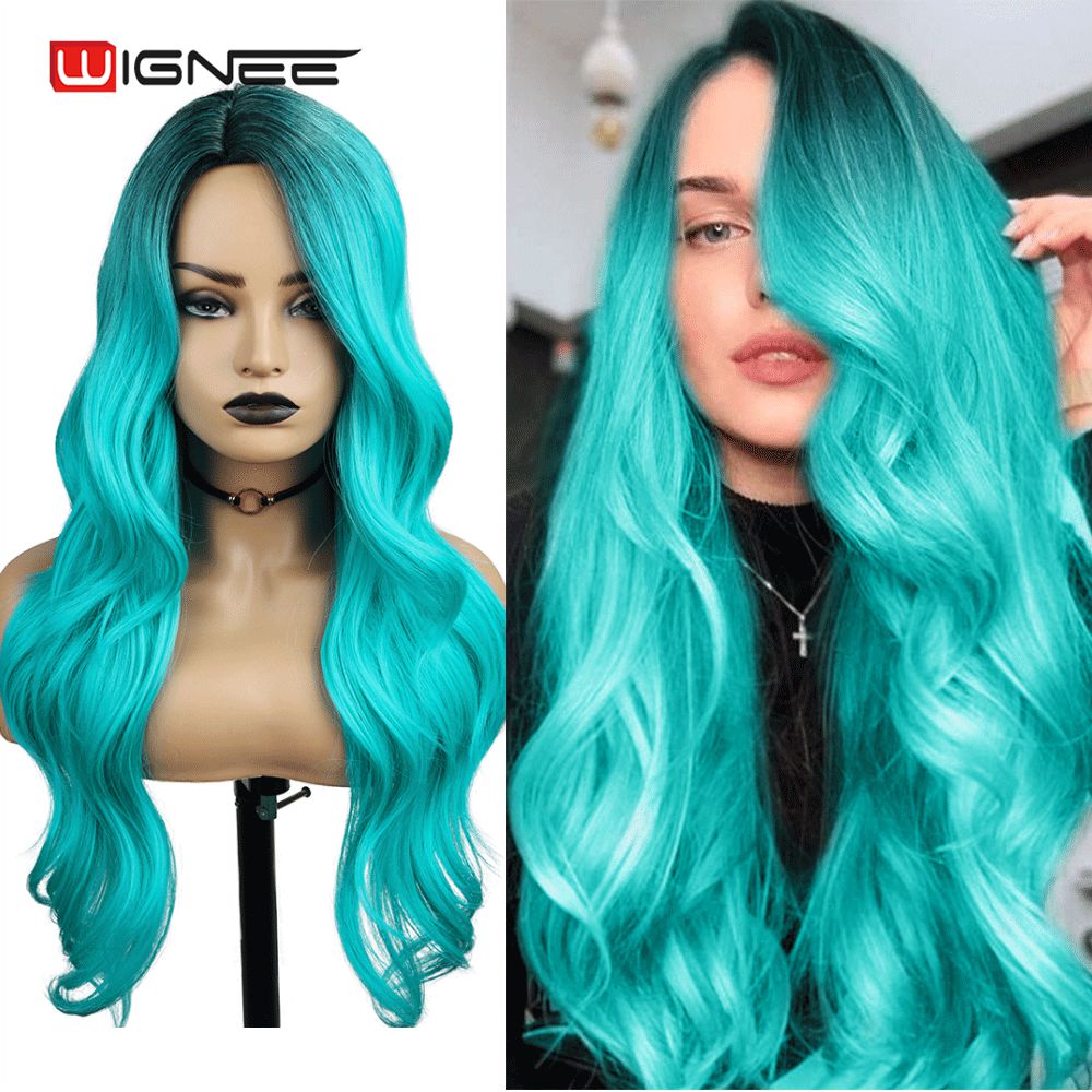 Long Wavy Synthetic Wigs Heat Resistant Middle Part Mix Blue Cosplay Hair For Women African American Natural Party Wigs