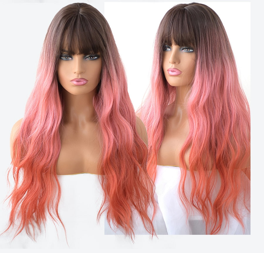WIGS Pink Brown Lolita Wig Long Two Colors Realistic Cosplay Wigs With Bangs For Women Wavy Wigs Synthetic Hair