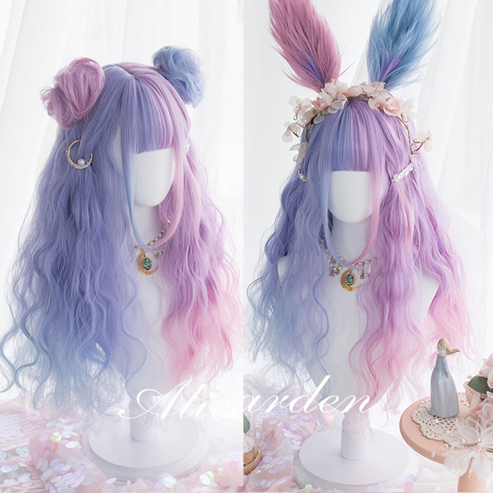 Synthetic long wavy curly hair female cold brown black cosplay Lolita pink purple blue wig heat-resistant bangs