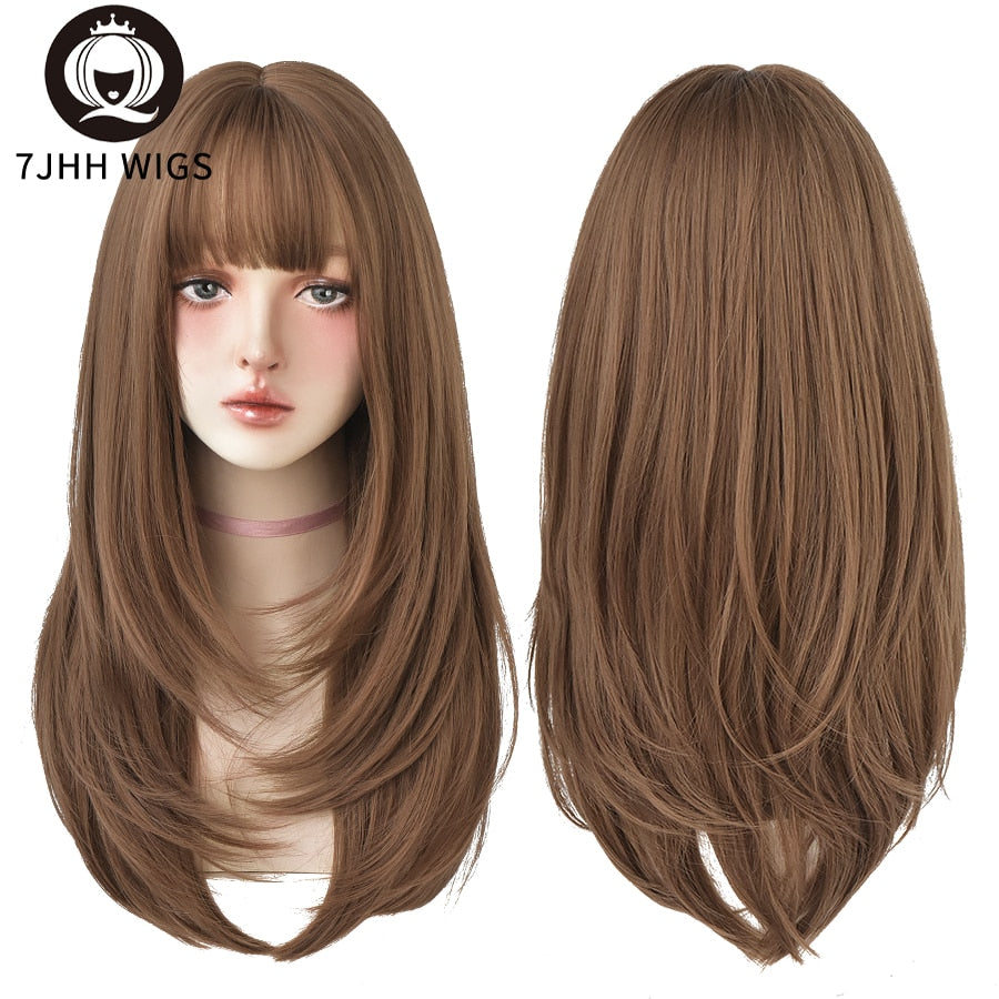 Synthetic Wigs Long Straight Pink Brown Hair Top Dyed Black Omber Wigs With Bangs For Women Heat Resistant Wigs