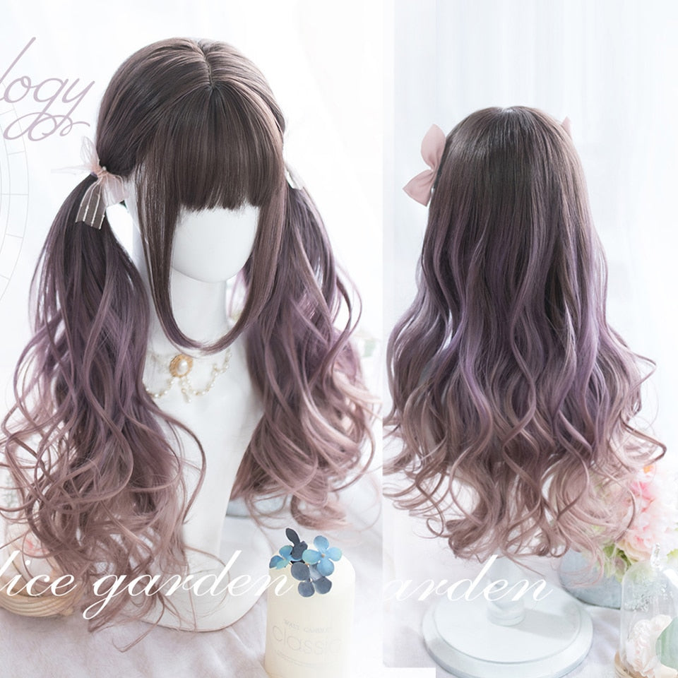 Synthetic long wavy curly hair female cold brown black cosplay Lolita pink purple blue wig heat-resistant bangs