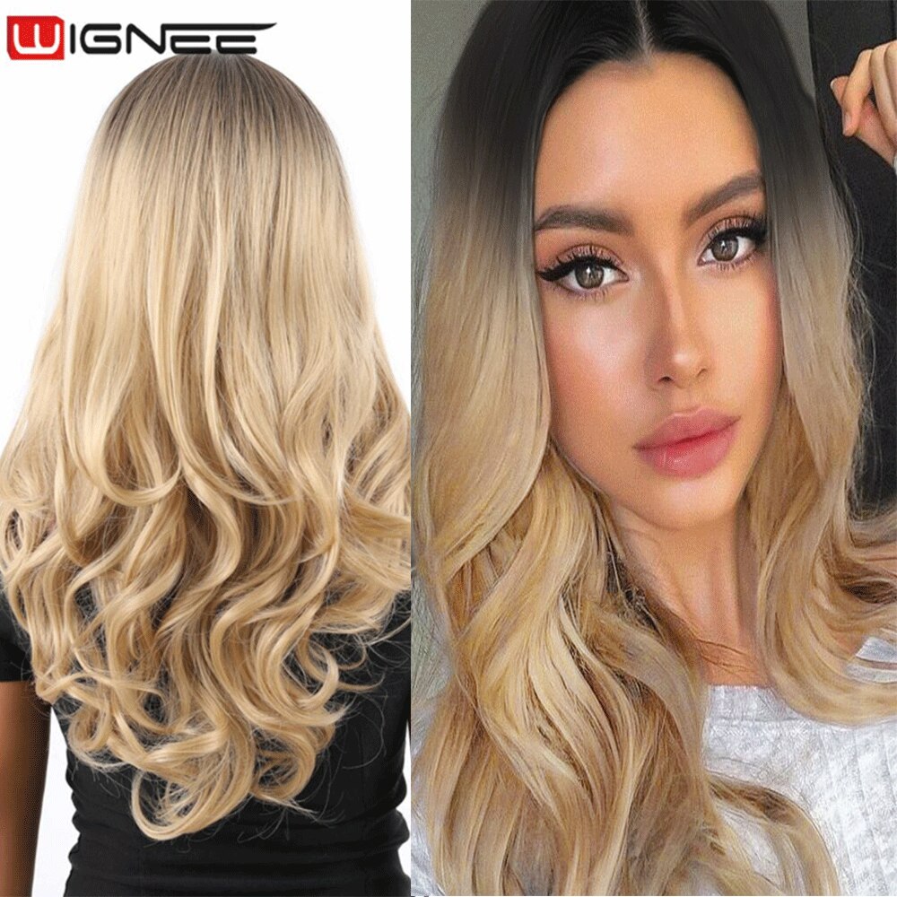 Long Wavy Synthetic Wigs Heat Resistant Middle Part Mix Blue Cosplay Hair For Women African American Natural Party Wigs