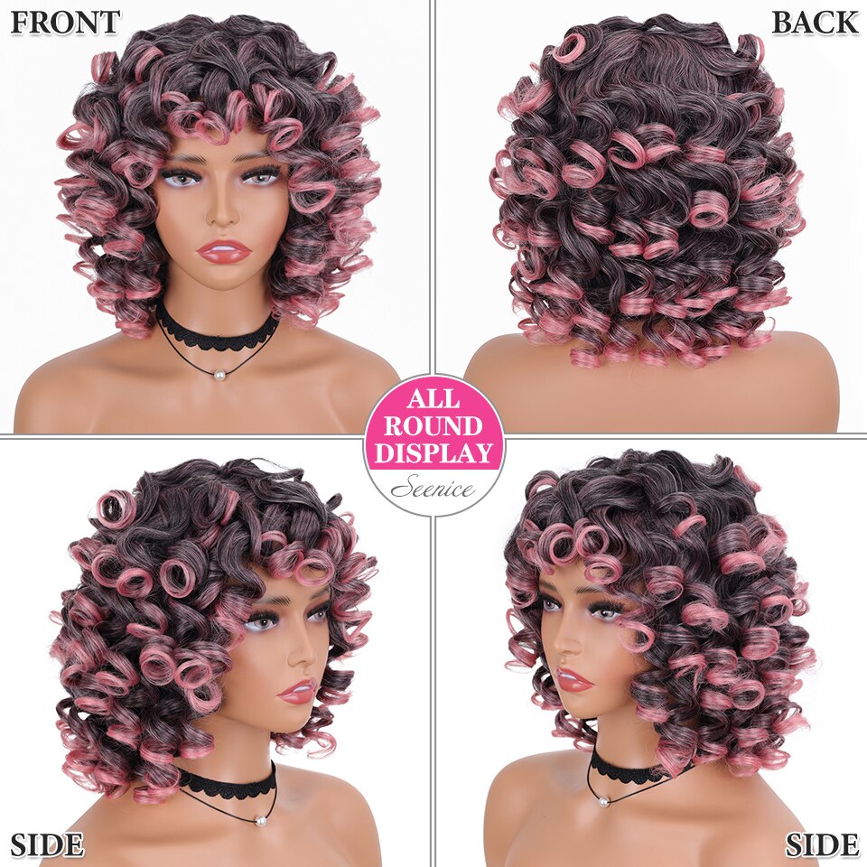 Short Hair Afro Kinky Curly Wigs With Bangs For Black Women Fluffy Synthetic African Ombre Glueless Cosplay Natural Brown Wigs