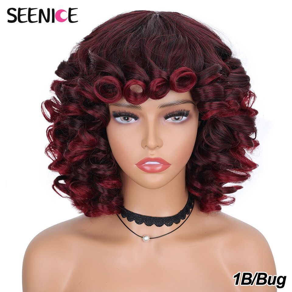 Short Hair Afro Kinky Curly Wigs With Bangs For Black Women Fluffy Synthetic African Ombre Glueless Cosplay Natural Brown Wigs