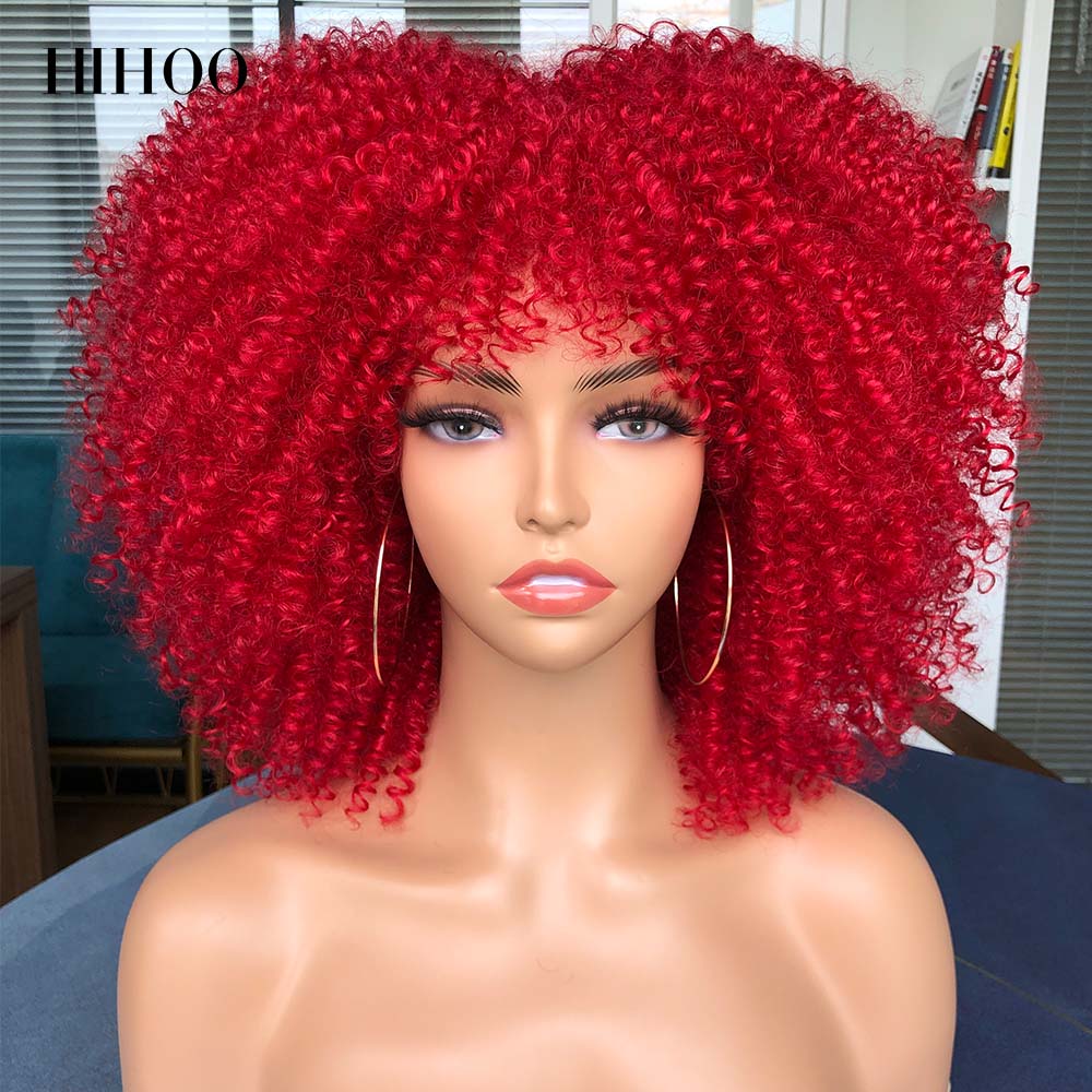 Short Hair Afro Kinky Curly Wigs With Bangs For Black Women Cosplay Lolita Synthetic Natural Blonde Wig Red Blue Orange Wig
