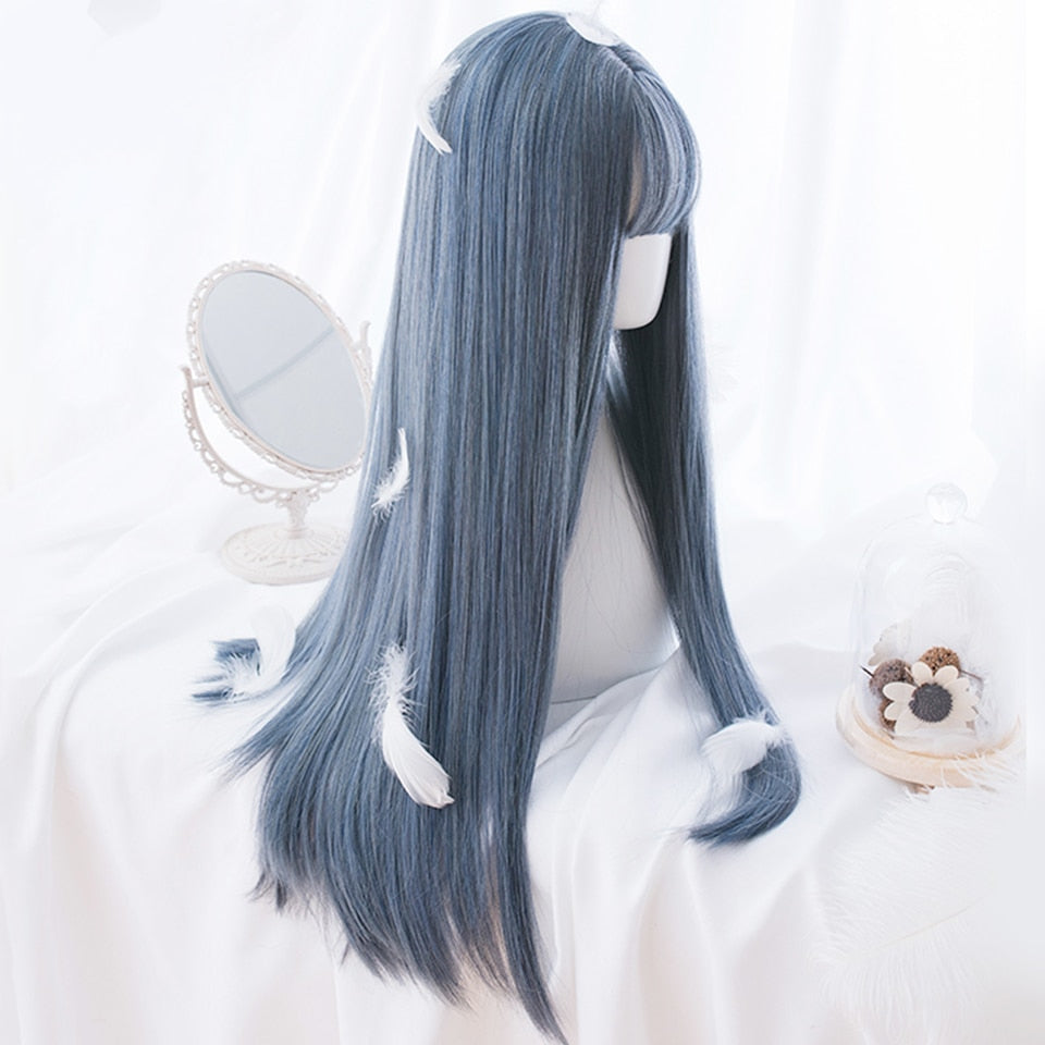 lolita wigs Long straight wigs lady gray blue high temperature resistant synthetic wig cosplay party natural wig