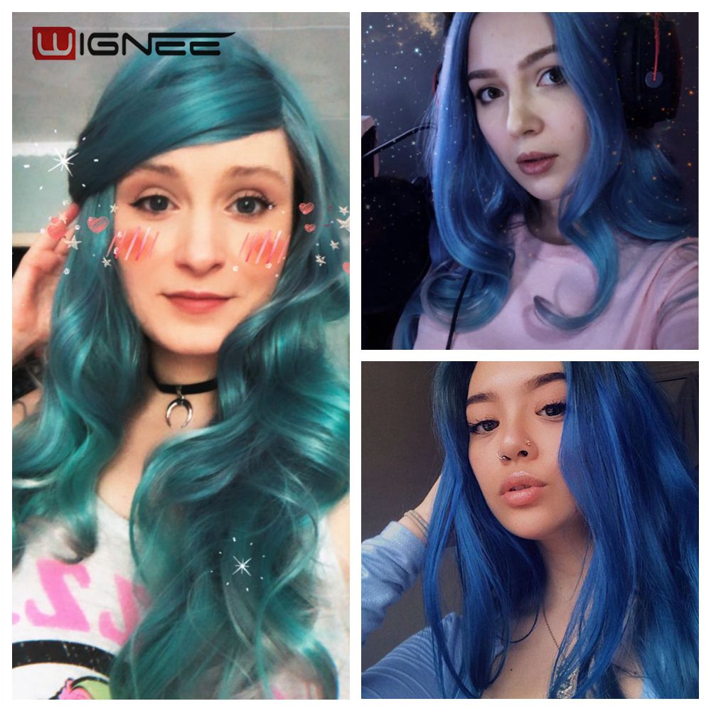 Long Wavy Synthetic Wigs Heat Resistant Middle Part Mix Blue Cosplay Hair For Women African American Natural Party Wigs
