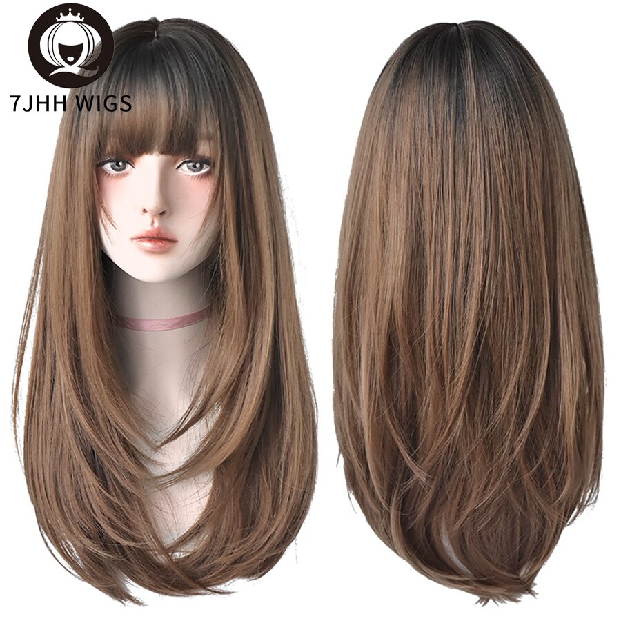 Synthetic Wigs Long Straight Pink Brown Hair Top Dyed Black Omber Wigs With Bangs For Women Heat Resistant Wigs