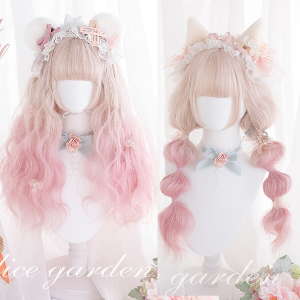 Synthetic long wavy curly hair female cold brown black cosplay Lolita pink purple blue wig heat-resistant bangs