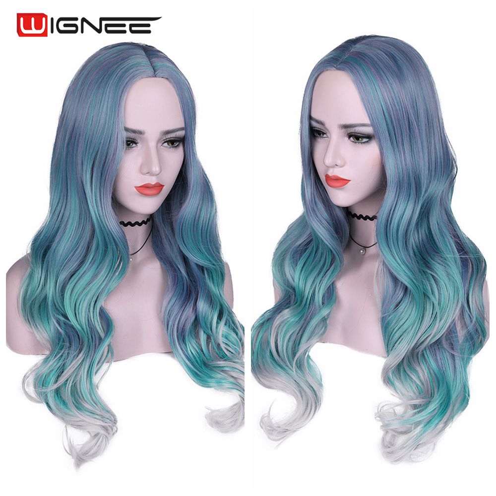 Long Wavy Synthetic Wigs Heat Resistant Middle Part Mix Blue Cosplay Hair For Women African American Natural Party Wigs