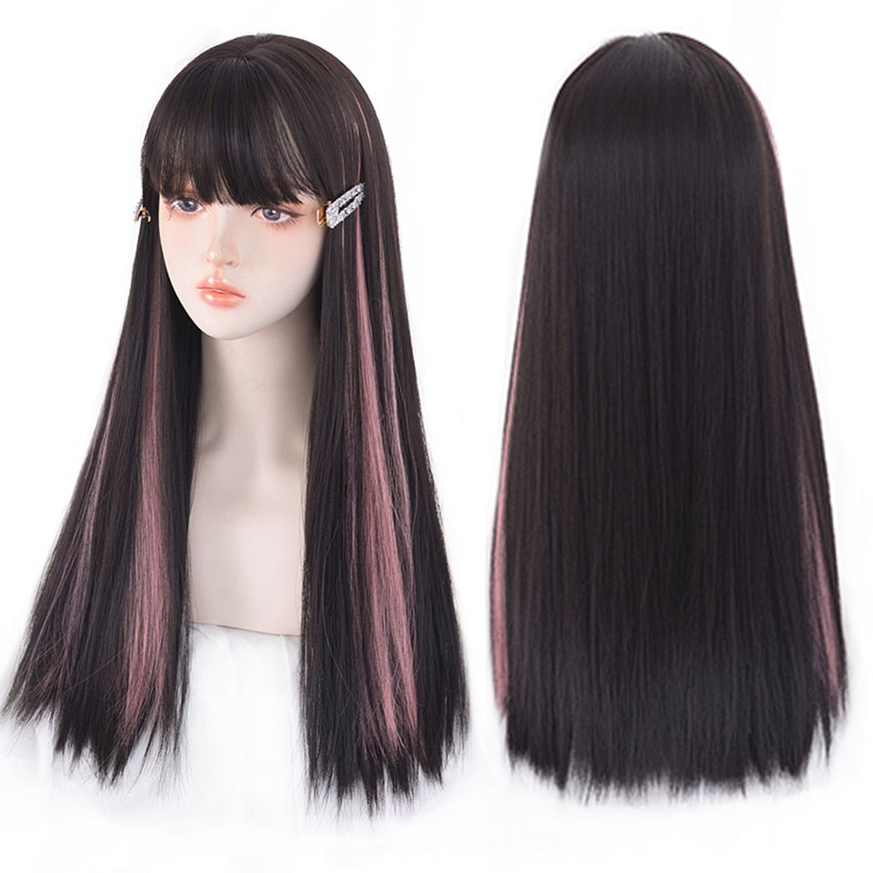 lolita wigs Long straight wigs lady gray blue high temperature resistant synthetic wig cosplay party natural wig