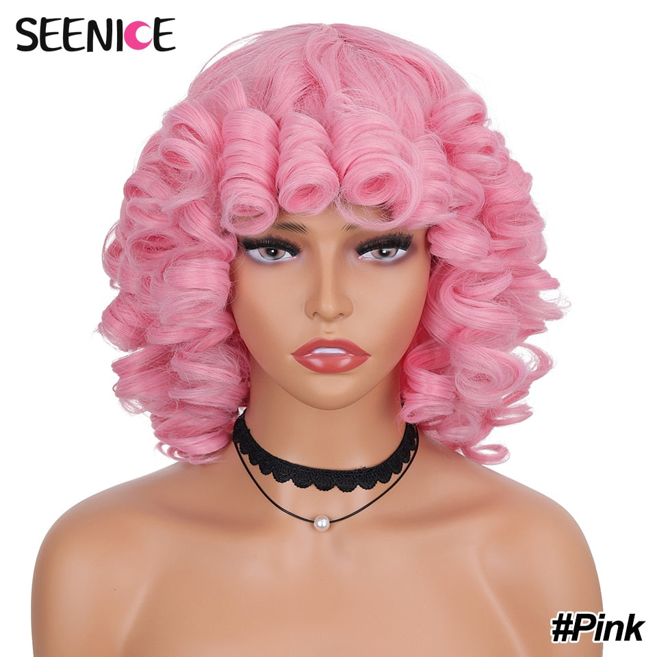 Short Hair Afro Kinky Curly Wigs With Bangs For Black Women Fluffy Synthetic African Ombre Glueless Cosplay Natural Brown Wigs