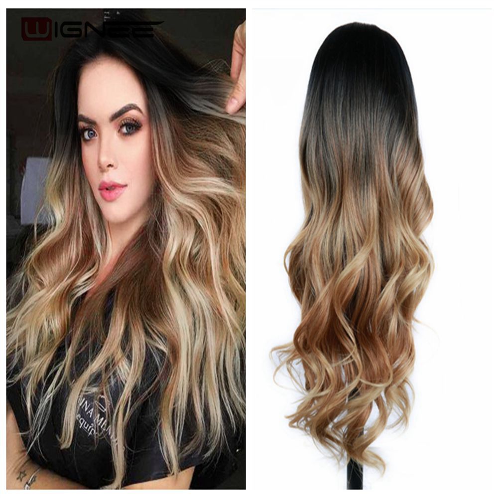 Long Wavy Synthetic Wigs Heat Resistant Middle Part Mix Blue Cosplay Hair For Women African American Natural Party Wigs