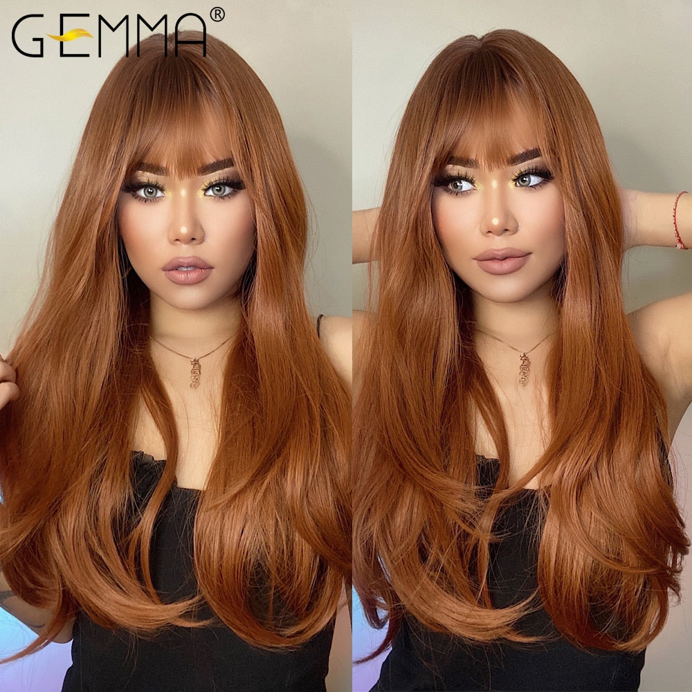 Red Brown Copper Ginger Long Straight Synthetic Wigs for Women Natural Wave Wigs with Bangs Heat Resistant Cosplay Hair