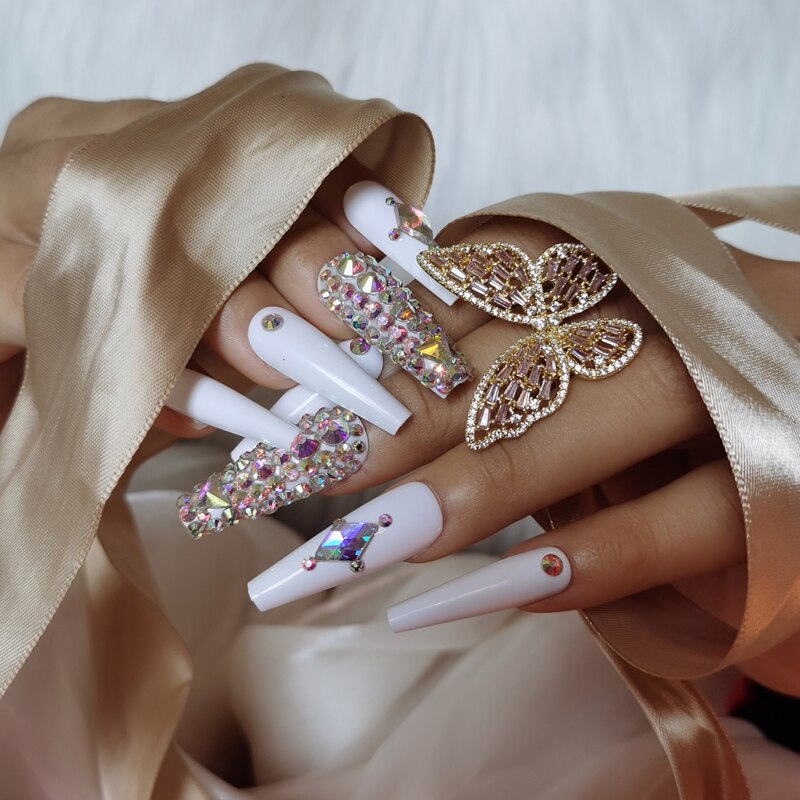 24pcs luxury jewelry long ballet coffin fake nails crystal diamond Transparent