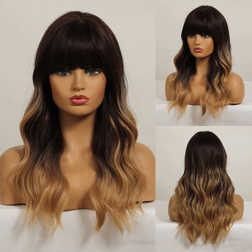 Synthetic Middle Dark Red with Bangs for Women Natural Long Water Wavy Cosplay Hairstyle Heat Resistant Fiber Hair Wigs