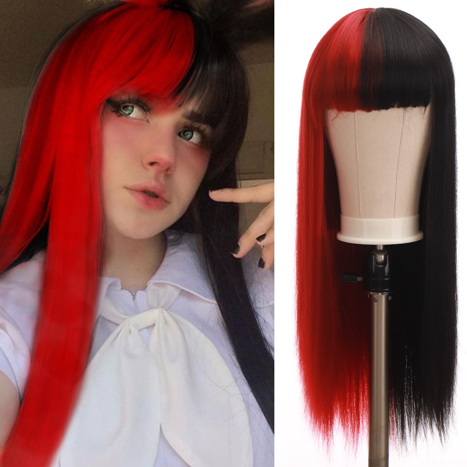 Long straight hair synthetic wig girl pink white gradient bangs cosplay Lolita party heat-resistant wigs