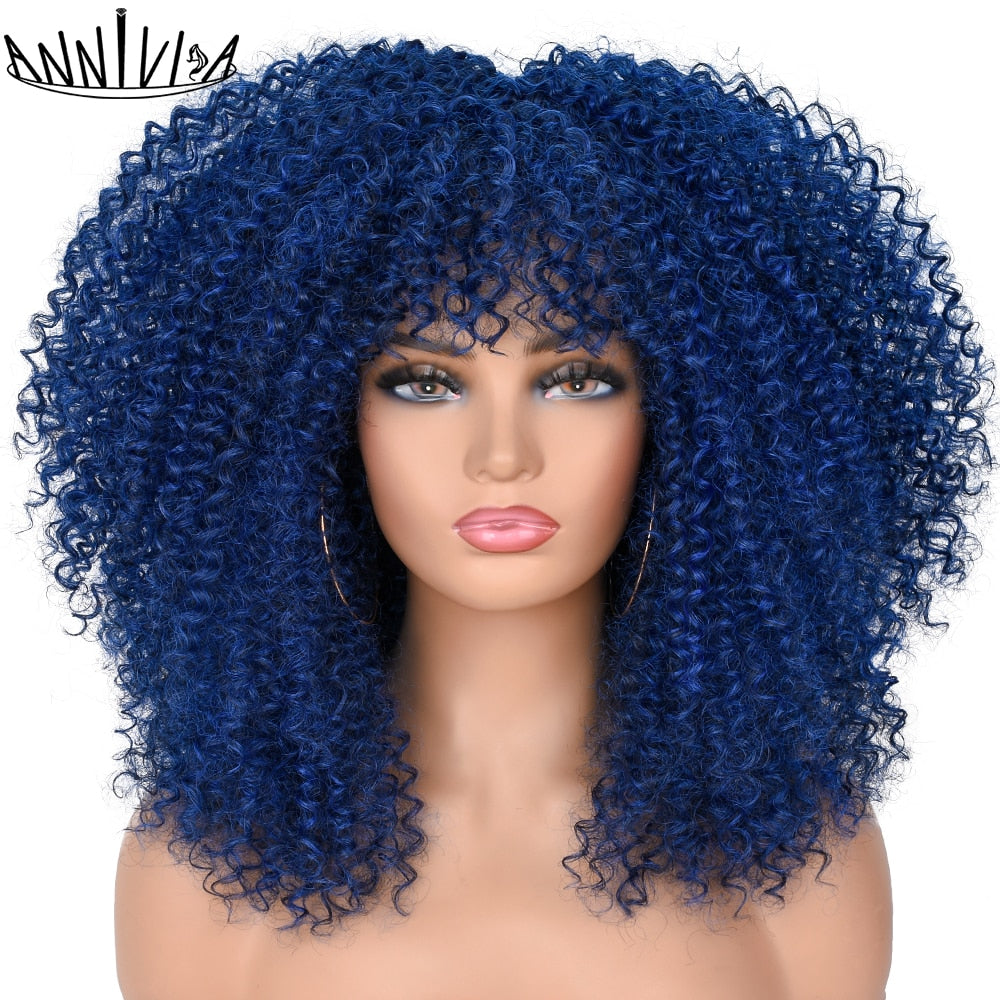 Curly Afro Wigs For Black Women Short Kinky Curly Wigs With Bangs 16inch Brown Afro Hair Synthetic Fibre Glueless Cosplay Hair