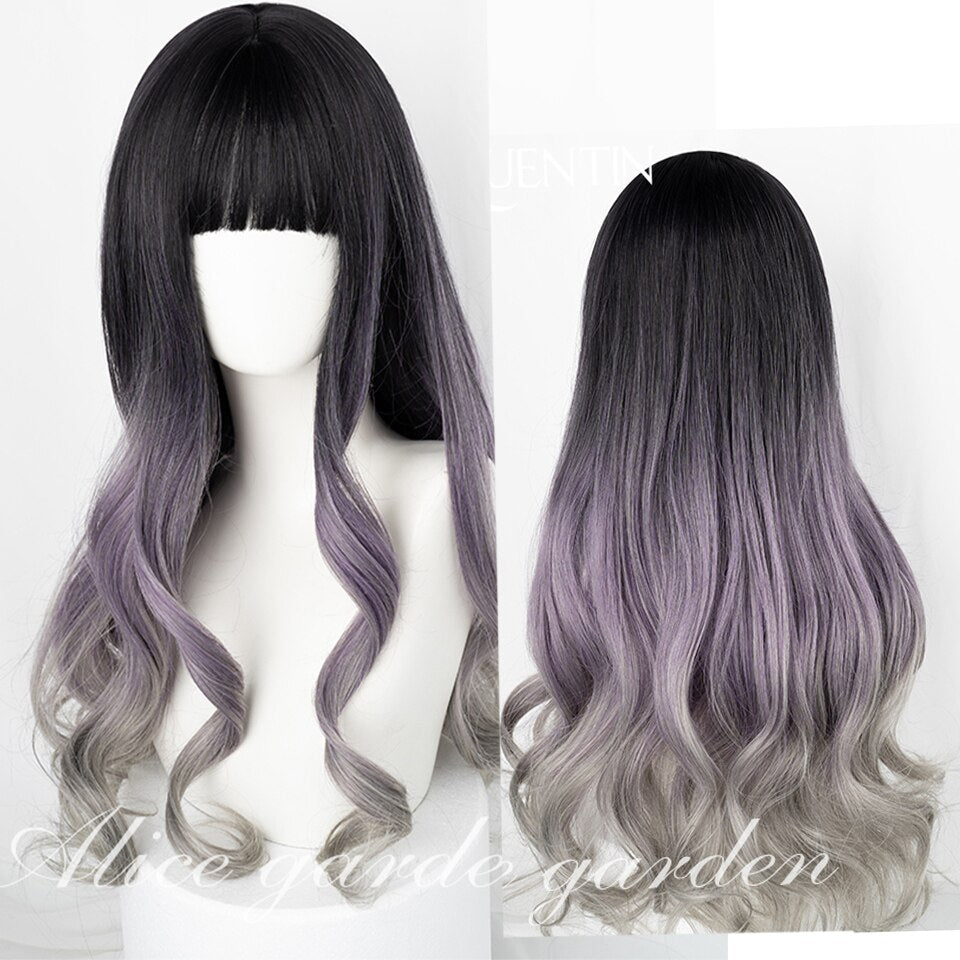 Synthetic long wavy curly hair female cold brown black cosplay Lolita pink purple blue wig heat-resistant bangs