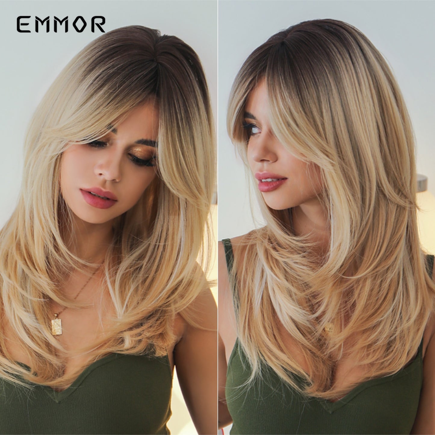 Synthetic Women Long Wavy Wigs Brown with Blonde Wigs Natural Wavy Heat Resistant Wig for Women Wigs