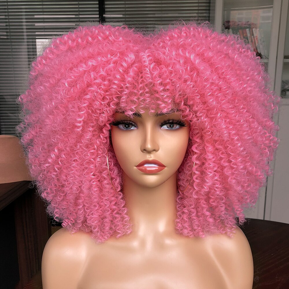 Short Hair Afro Kinky Curly Wigs With Bangs For Black Women Cosplay Lolita Synthetic Natural Blonde Wig Red Blue Orange Wig