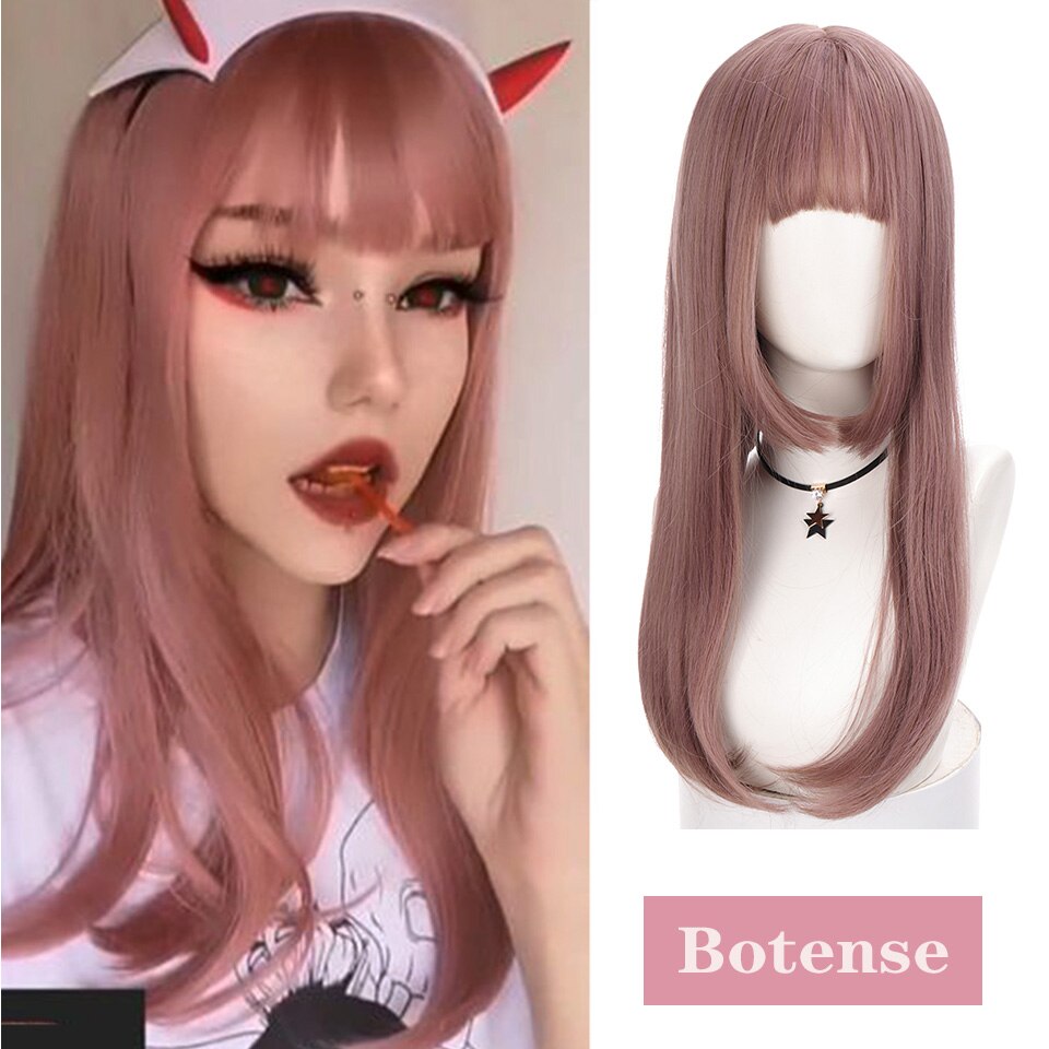 Long straight hair synthetic wig girl pink white gradient bangs cosplay Lolita party heat-resistant wigs